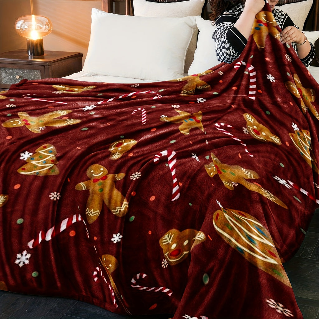 1pc Christmas Gingerbread Man And Candy Cane Red Background Flannel Blanket, Soft Comfortable Warm, Red Festive Design, Durable Plush, All-Season Bed Blanket, Warm Cover, Multiple Sizes Available, Suitable for Living Room Sofa, Bedroom Bed
