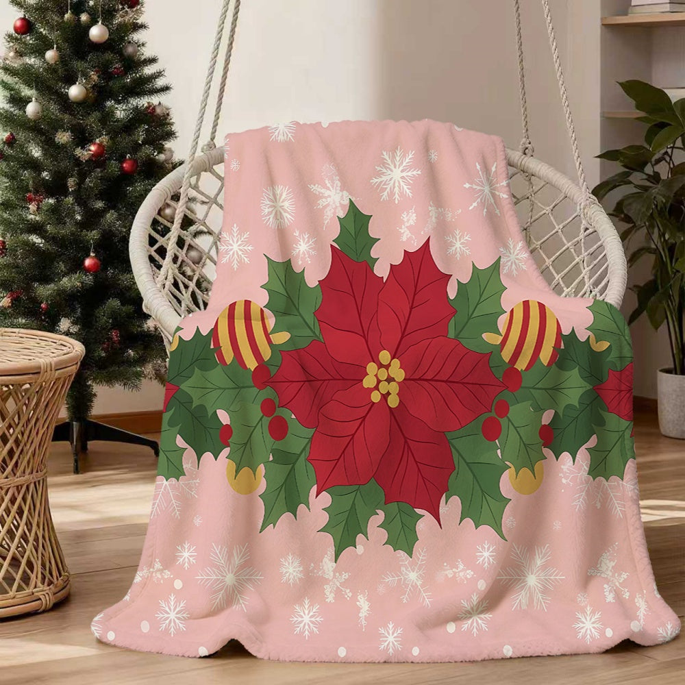 1pc Christmas Red Green Wreath And Snowflake Pattern Flannel Blanket, Soft Comfortable Warm, Pink Design, All-Season Sofa Blanket, Warm Cover, Multiple Sizes Available, Suitable for Living Room Sofa, Bedroom, Casual Reading, Holiday Decor