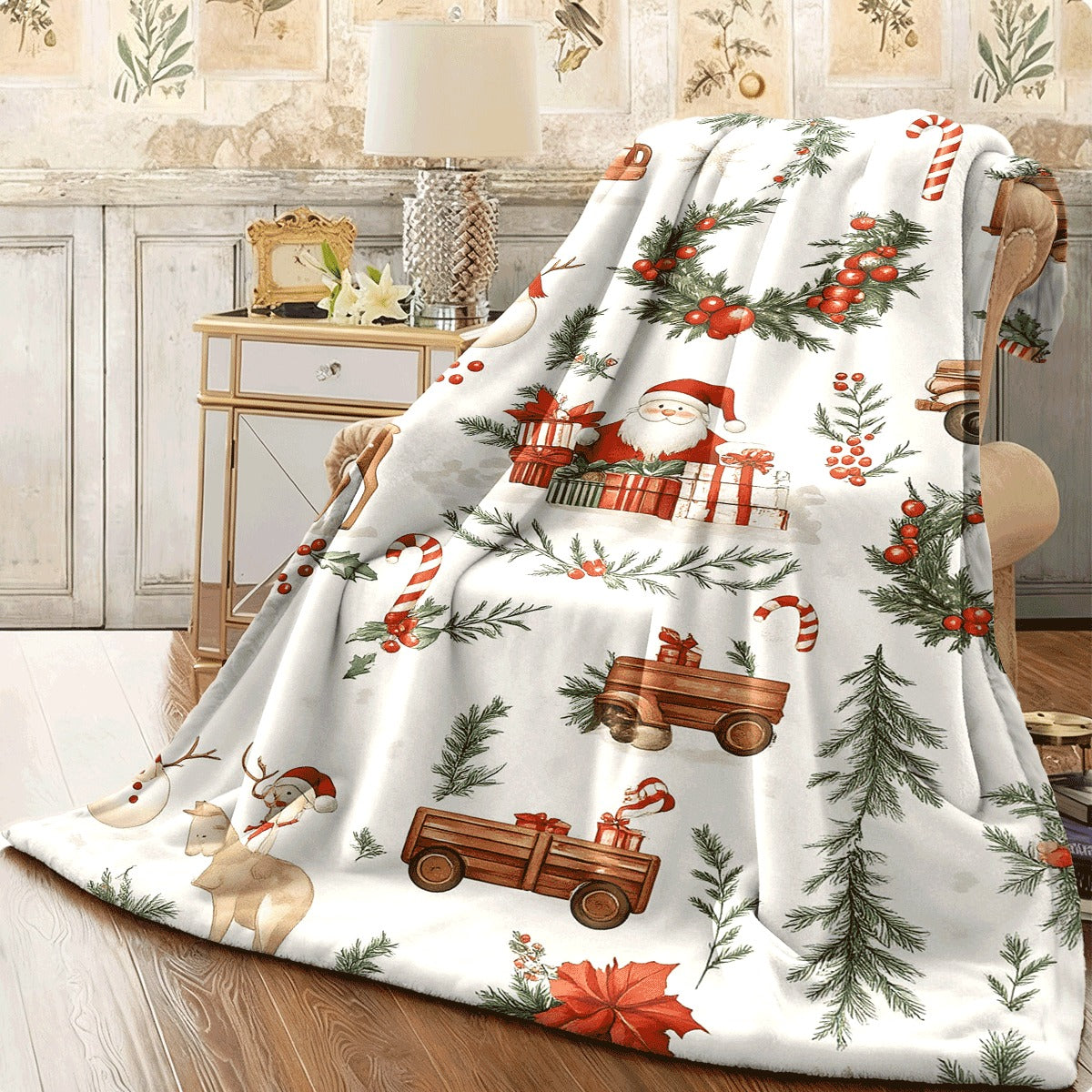 1pc Cozy Christmas-Themed Flannel Throw Blanket Soft Lightweight And Warm for Sofa Travel And Camping Festive Digital Print Design Perfect for Holiday Gifting
