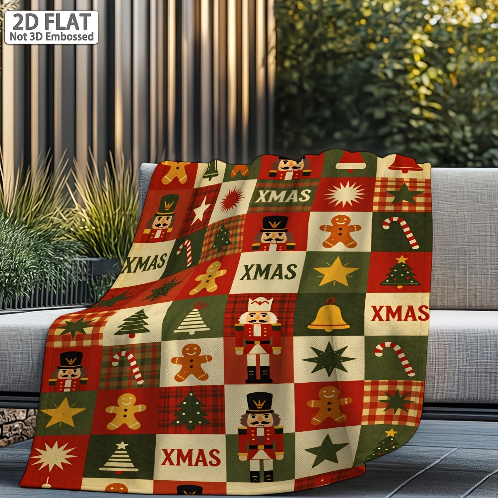 1pc Christmas Gingerbread for Man and Nutcracker Themed Red Flannel Large Blanket, Festive Cozy Design, Oversized Throw Blanket, Winter Decoration, Durable Plush Surface, Suitable for All Seasons, Ideal for Living Room Sofa Cover, Reading Time