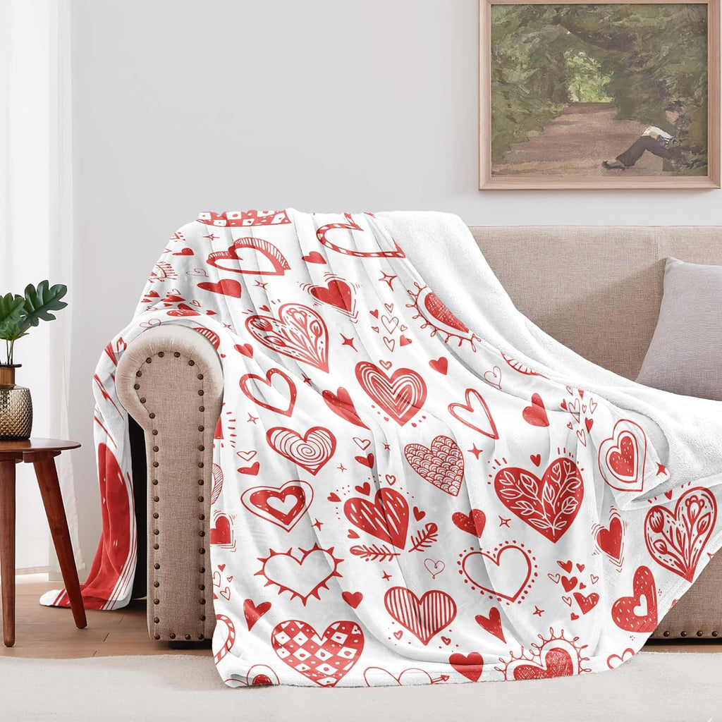 Glawry Valentine's Day Throw Blanket for, 50x60 Inch, Red and White Hearts Romantic Romance Holiday Cute Modern Graffiti for Lovers Couples Soft Cozy Flannel Blankets for Sofa Couch Chair