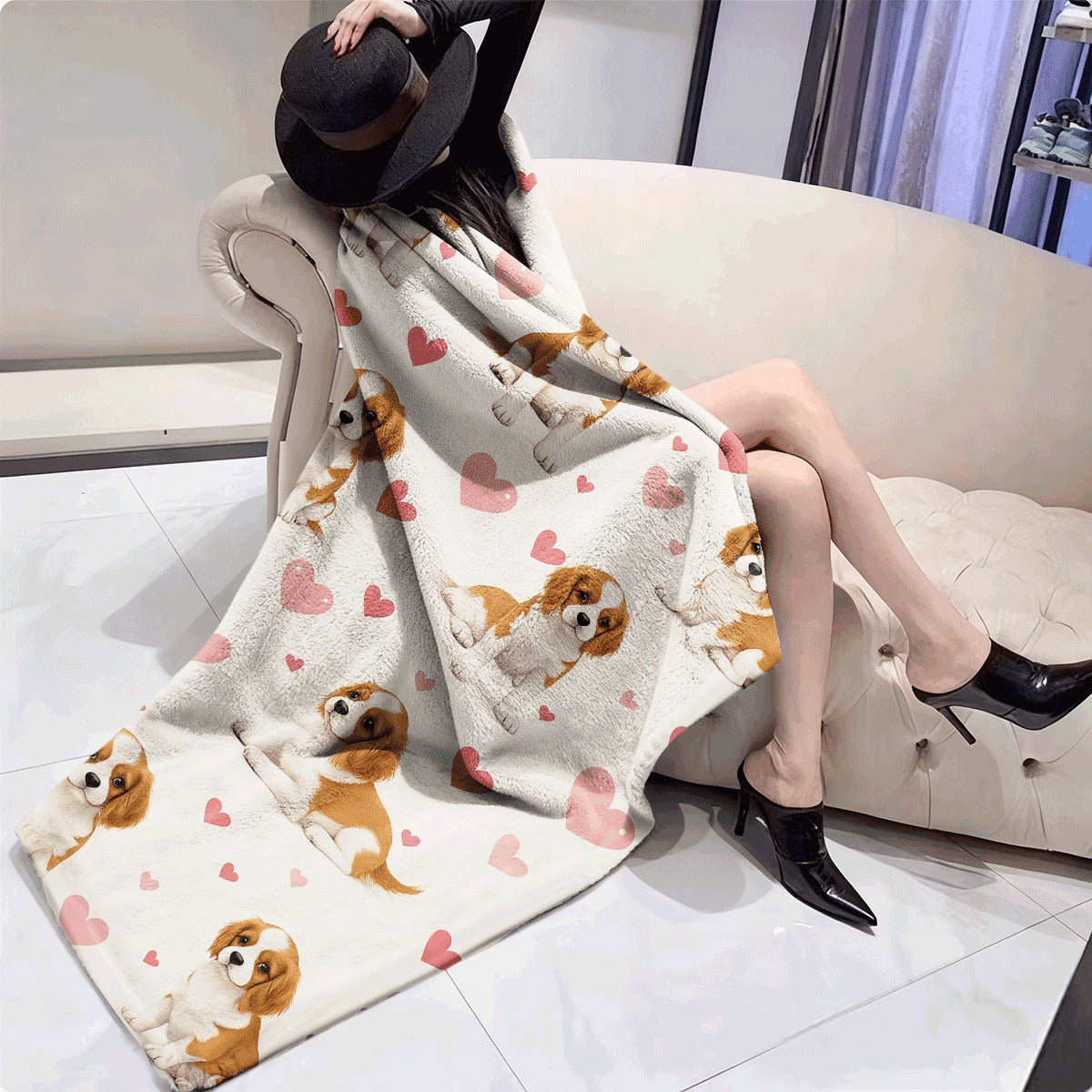 1pc 2D Flat Printing Cute Cavalier King Charles Spaniel Puppies Pattern Blanket for All Seasons Versatile Home Decor Camping Travel Office Sofa Nap Easy Care Perfect for Indoor And, 2D Flat