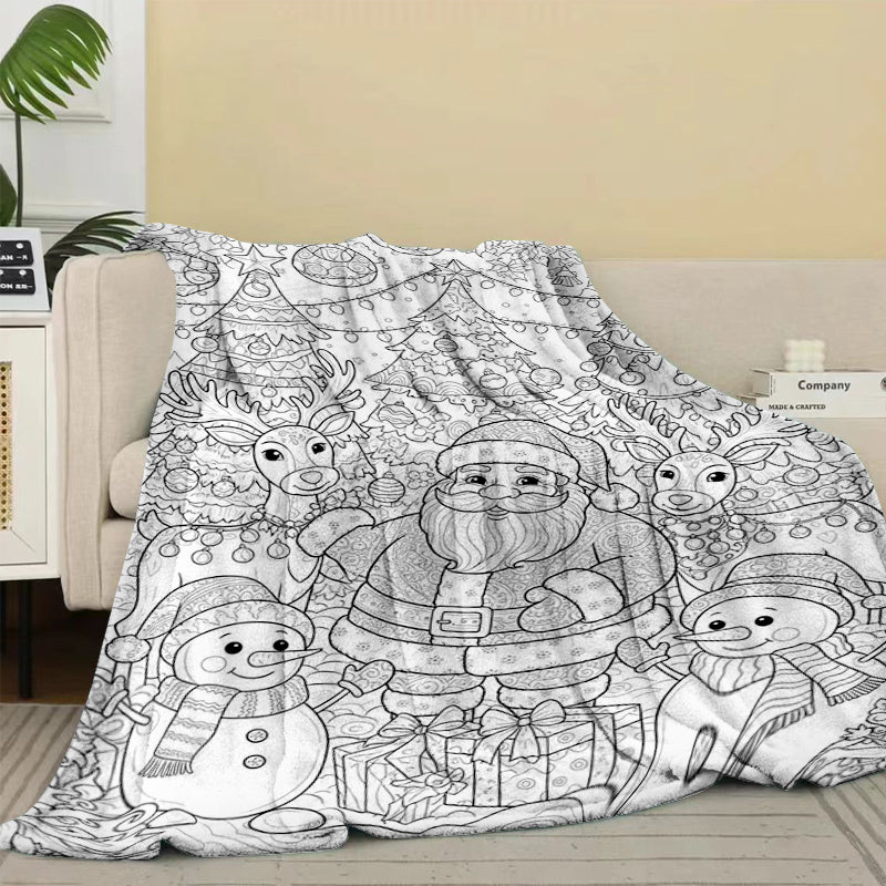 Healing Hand-Painted Christmas-Themed Flannel Printed Blanket, Santa Claus Reindeer Snowman Pattern Thickened Warm Blanket Filling Creative Digital Printing Blanket, Soft And Skin-Friendly Fabric, Soft And Comfortable Sofa Blanket, Halloween