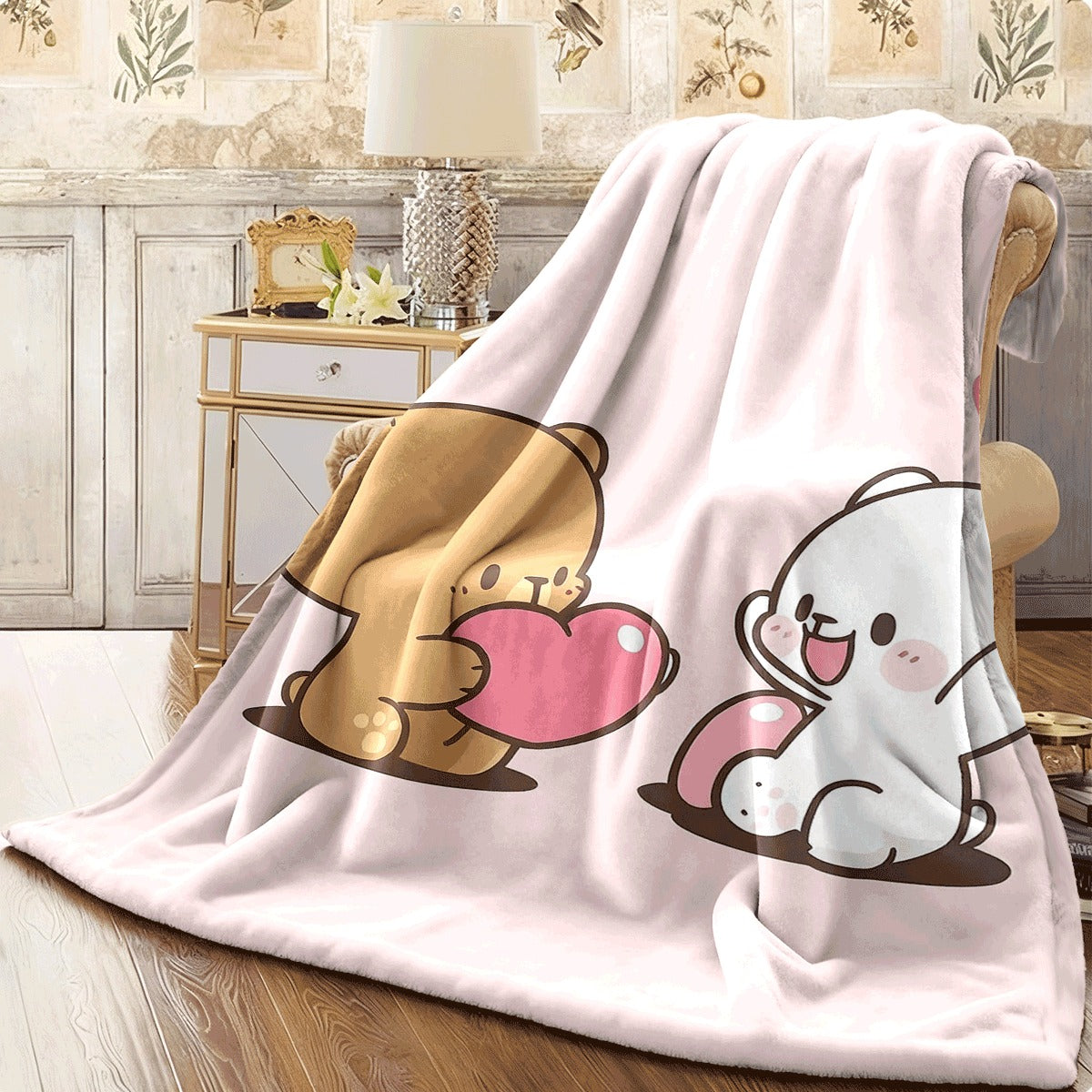 1pc Bubu & Dudu Cartoon Bear Couple Flannel Throw Blanket Soft Warm All-Season Digital Print Blanket for Sofa Travel Camping Office Cozy Gift for Family & Friends And Sofa Throw Pla