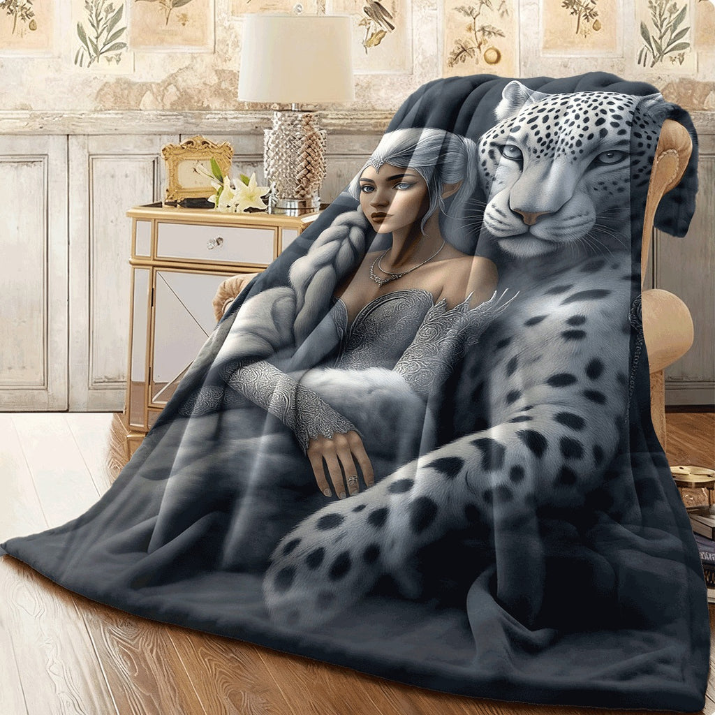 1pc Snow Queen And Snow Leopard Blanket Cooling Quilted Spread Soft Breathable 100% Polyester Fantasy Winter Theme Cover for All-Season Comforter Couch Or Use Machine Washable Gift