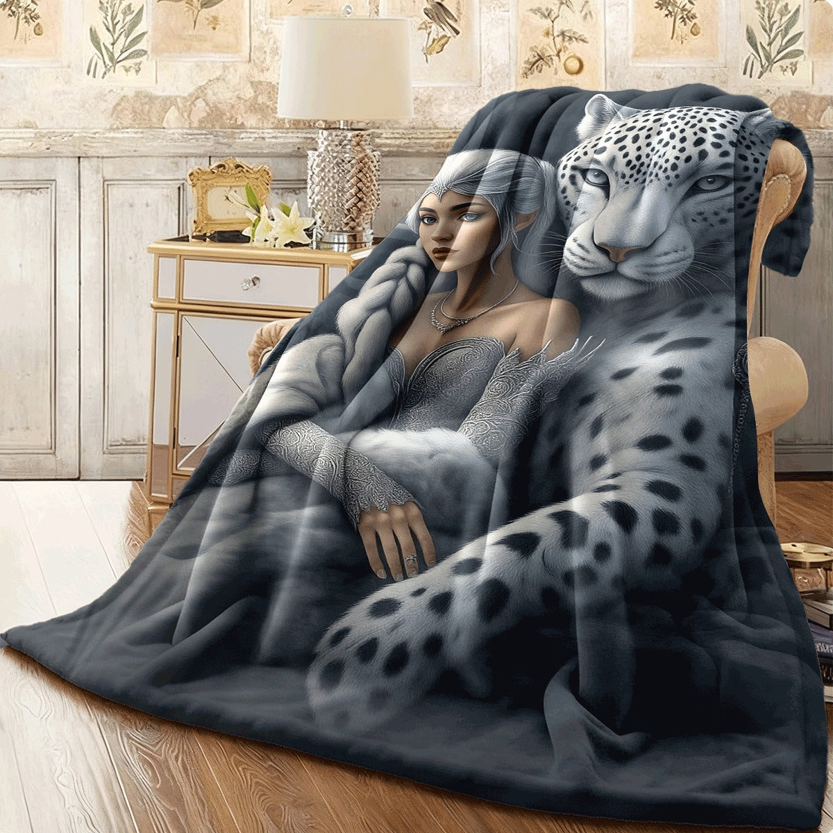 1pc Snow Queen And Snow Leopard Blanket Cooling Quilted Spread Soft Breathable 100% Polyester Fantasy Winter Theme Cover for All-Season Comforter Couch Or Use Machine Washable Gift