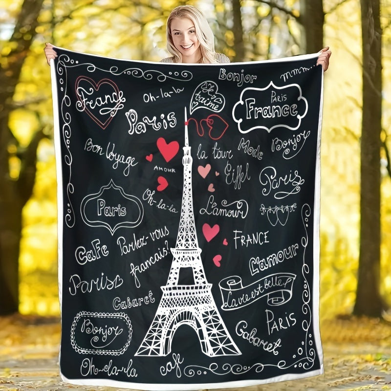 1pc Eiffel Tower with French-Style Romantic Handwritten Font Pattern Flannel Blanket, Soft, Comfortable, and Warm, with a Black Background and White Print Design, Durable Plush Surface, All-season Universal Sofa Throw, Warm Lap Blanket