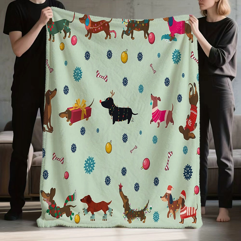 1pc Christmas Dog-Themed Flannel Blanket, Soft Comfortable Warm, Light Green Design, All-Season Blanket, Warm Cover, Multiple Sizes Available, Suitable for Living Room Sofa, Bedroom, Office Rest, Reading Time, And Holiday Decor