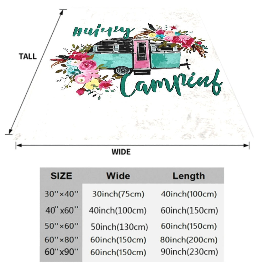 1pc Hurry Camping Soft Flannel Blanket Floral Decorated Teal And Pink Camper Design, Cozy All-Season Throw for Couch Bed, Travel And Outdoor Lover Gift, Lightweight Plush Fleece Fabric for Warmth