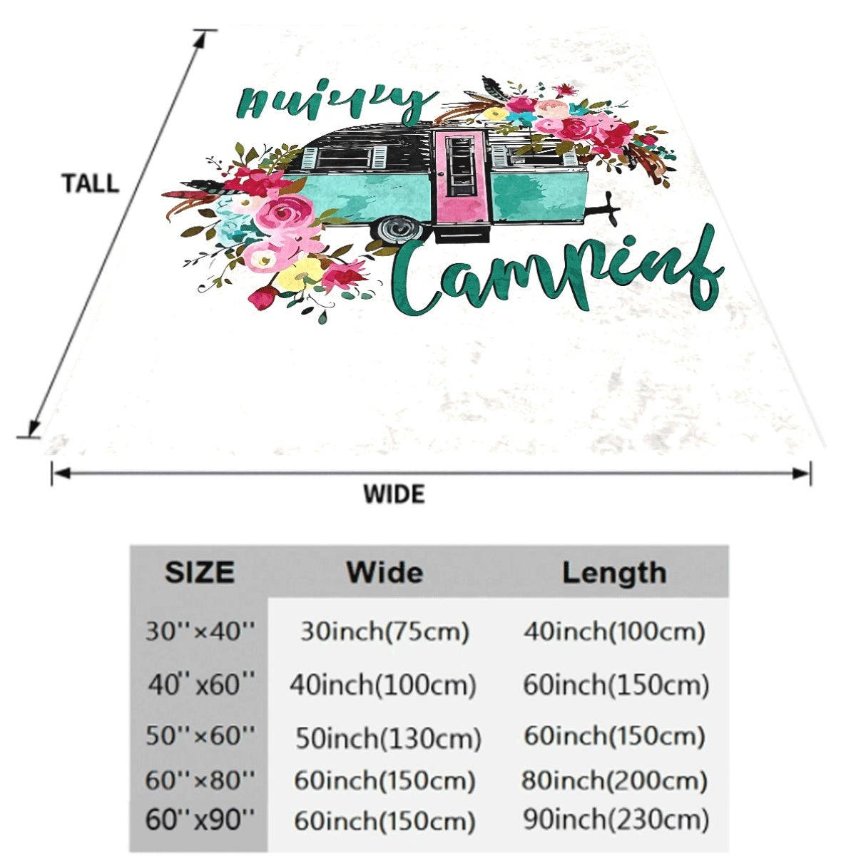 1pc Hurry Camping Soft Flannel Blanket Floral Decorated Teal And Pink Camper Design, Cozy All-Season Throw for Couch Bed, Travel And Outdoor Lover Gift, Lightweight Plush Fleece Fabric for Warmth