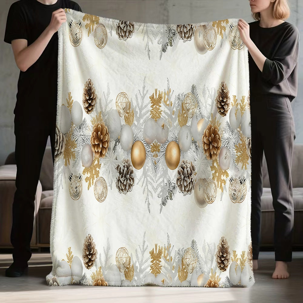 1pc Christmas Pinecone And Golden Ball Decorative Flannel Blanket, Soft Comfortable Warm, White And Golden Design, All-Season Sofa Blanket, Warm Cover, Multiple Sizes Available, Suitable for Living Room Sofa, Bedroom, Reading Corner
