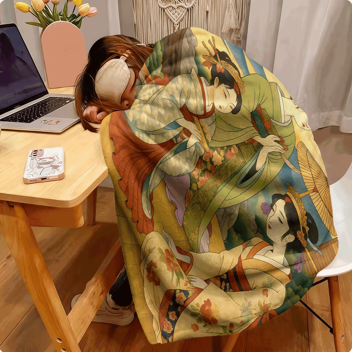 1pc Japanese Traditional Geisha Flannel Blanket Vintage Ukiyo-e Style with Cherry Blossoms & Scenic Backdrop Soft Cozy All-Season Throw for Home Decor Sofa Couch Cover