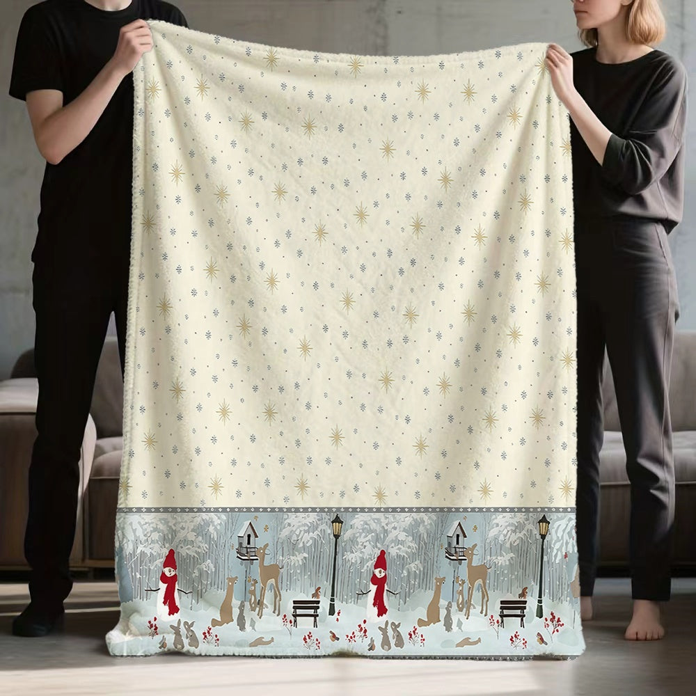 1pc Christmas Snowy Forest Pattern Flannel Blanket, Soft Comfortable Warm, Beige And Light Blue Design, All-Season Blanket, Warm Cover, Multiple Sizes Available, Suitable for Living Room Sofa, Bedroom, Reading Corner, Leisure Time