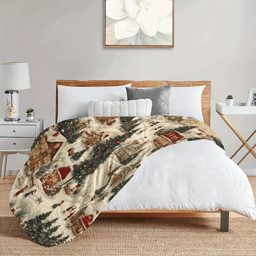 1pc of Christmas Snow Village Flannel Blanket - Comfortable and Warm for All Seasons, Festive Village Pattern Design, Soft and Warm Sofa, Essential for Travel and Camping, Modern Holiday Decoration, Plush Fabric, Exclusive to Camping Enthusiasts