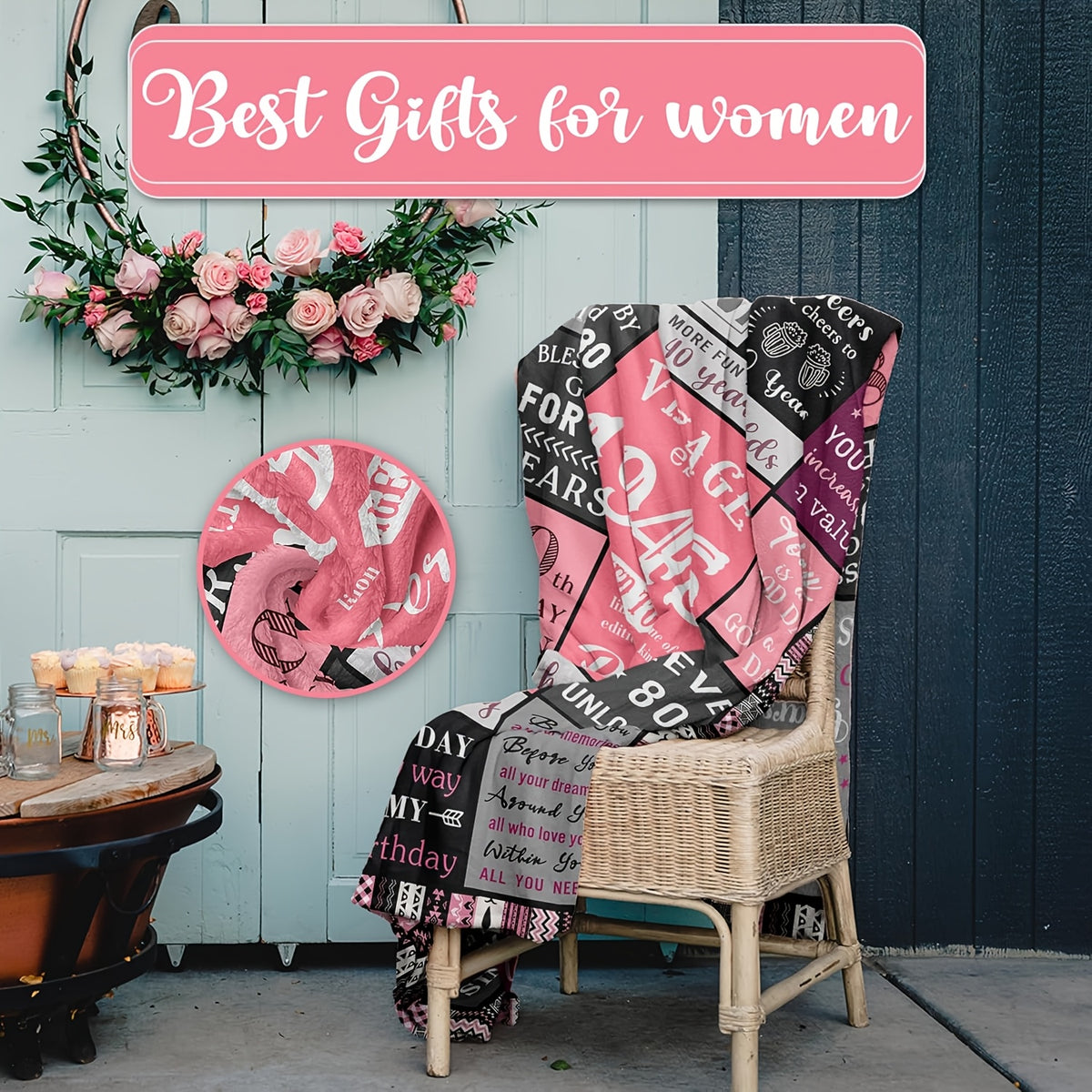 1pc a Soft Flannel Throw Blanket Designed for Women Celebrating Their 80Th Birthday, Featuring Vintage-Style Messages from 1945, with Pink And Black/White Stripes. It'S Machine Washable And Suitable for All Seasons