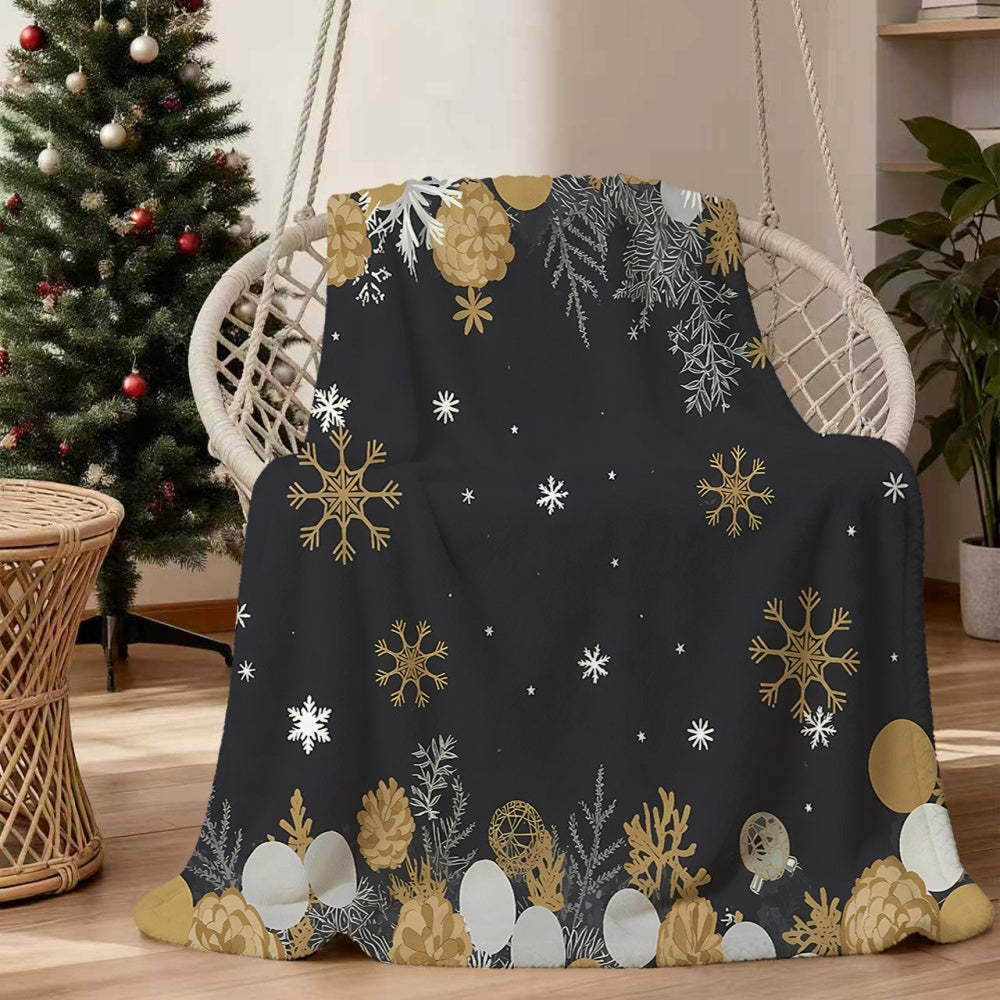 1pc Golden and White Snowflake Pinecone Christmas-themed Flannel Blanket, Soft, Comfortable, and Warm, with a Black Design. A Four-season Universal Sofa Throw and Warm Lap Blanket, Available in Multiple Sizes. Suitable for Living Room Sofas