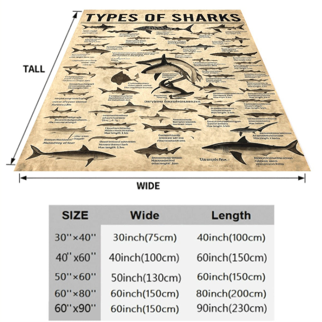 1pc Educational Shark Species Flannel Throw Blanket Whale Shark & 12 Types Illustrated with Scientific Names, Soft Beige Animal Theme Couch Cover, All-Season Machine Washable Home Decor for Marine