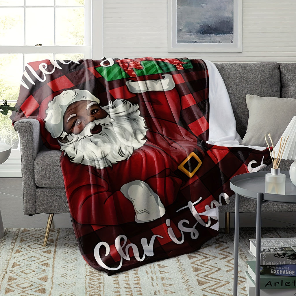 Warm And Comfortable Christmas Flannel Throw Blanket Featuring a Plaid Santa Design, Perfect for Your Couch,, Or Office. A Hypoallergenic Gift Suitable for All Seasons