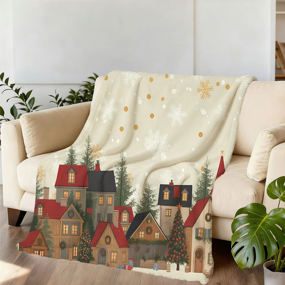 1pc Christmas Snowy Cottage Flannel Blanket, Soft Comfortable Warm, Beige And Golden Design, All-Season Sofa Blanket, Warm Cover, Multiple Sizes Available, Suitable for Living Room Sofa, Bedroom, Reading Corner, Leisure Time, And Holiday Decor