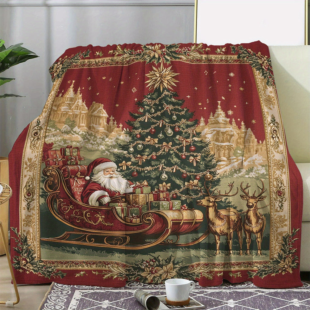 Vintage Christmas Blanket - Soft Flange Plush Blanket with Santa Claus, Reindeer and Tree Designs, Red Holiday Decor, Suitable for Sofas, Office, Travel - All Season Comfort Gifts, Suitable for Christmas, Christmas Blankets