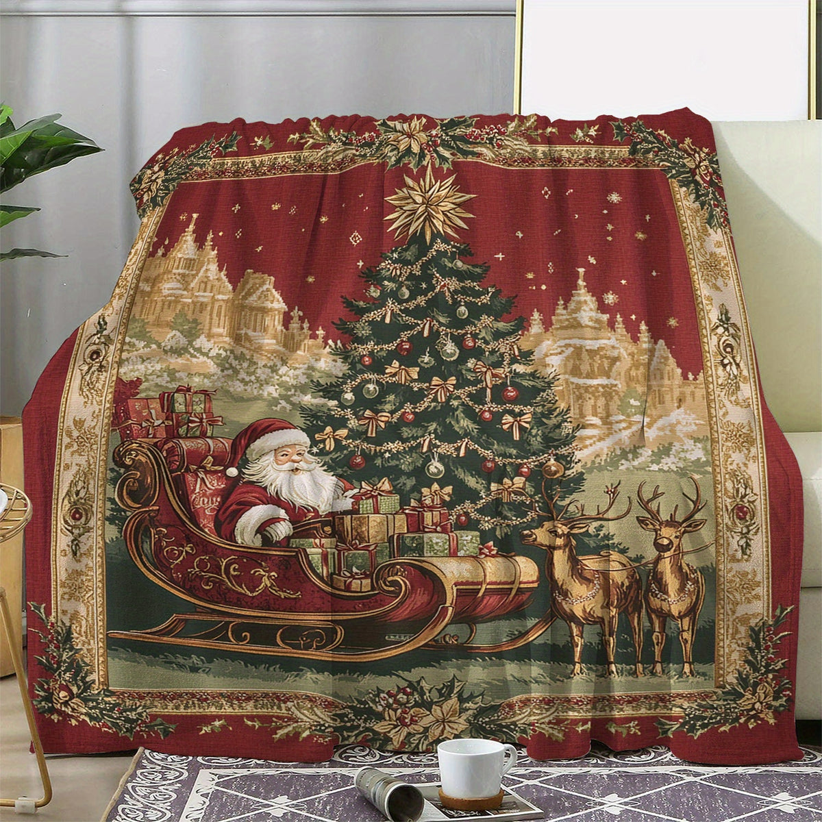 Vintage Christmas Blanket - Soft Flange Plush Blanket with Santa Claus, Reindeer and Tree Designs, Red Holiday Decor, Suitable for Sofas, Office, Travel - All Season Comfort Gifts, Suitable for Christmas, Christmas Blankets