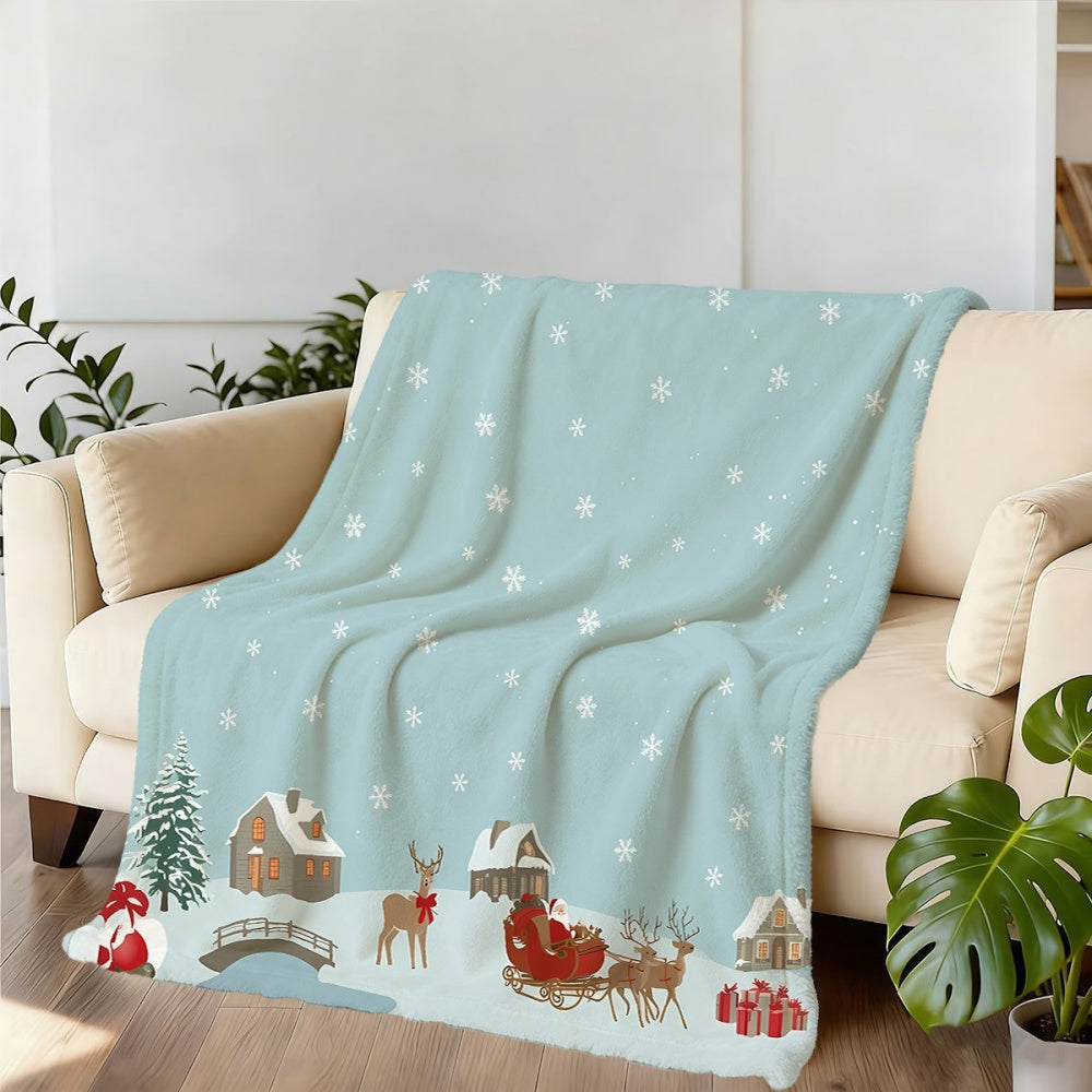 1pc Christmas Snow Scene Reindeer and Sleigh Pattern Flannel Blanket, Soft, Comfortable, and Warm, Light Blue Winter Design, All-Season Sofa Throw, Warm Cover Blanket, Multiple Sizes Available, Suitable for Living Room Sofas, Bedroom