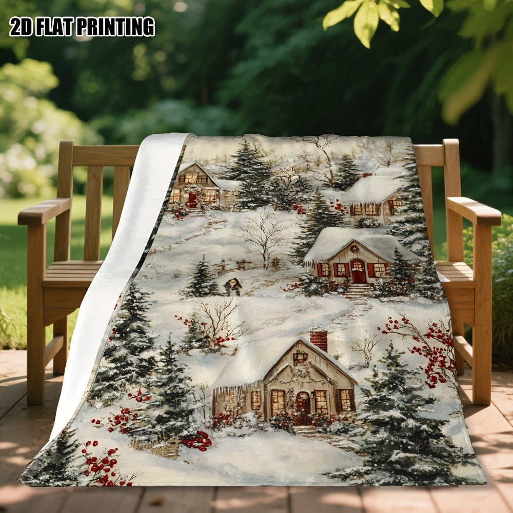 Retro Winter Village Pattern Flannel Blanket, Sofa And Chair Dual-Purpose Thermal Blanket, Warm Company Halloween And Christmas
