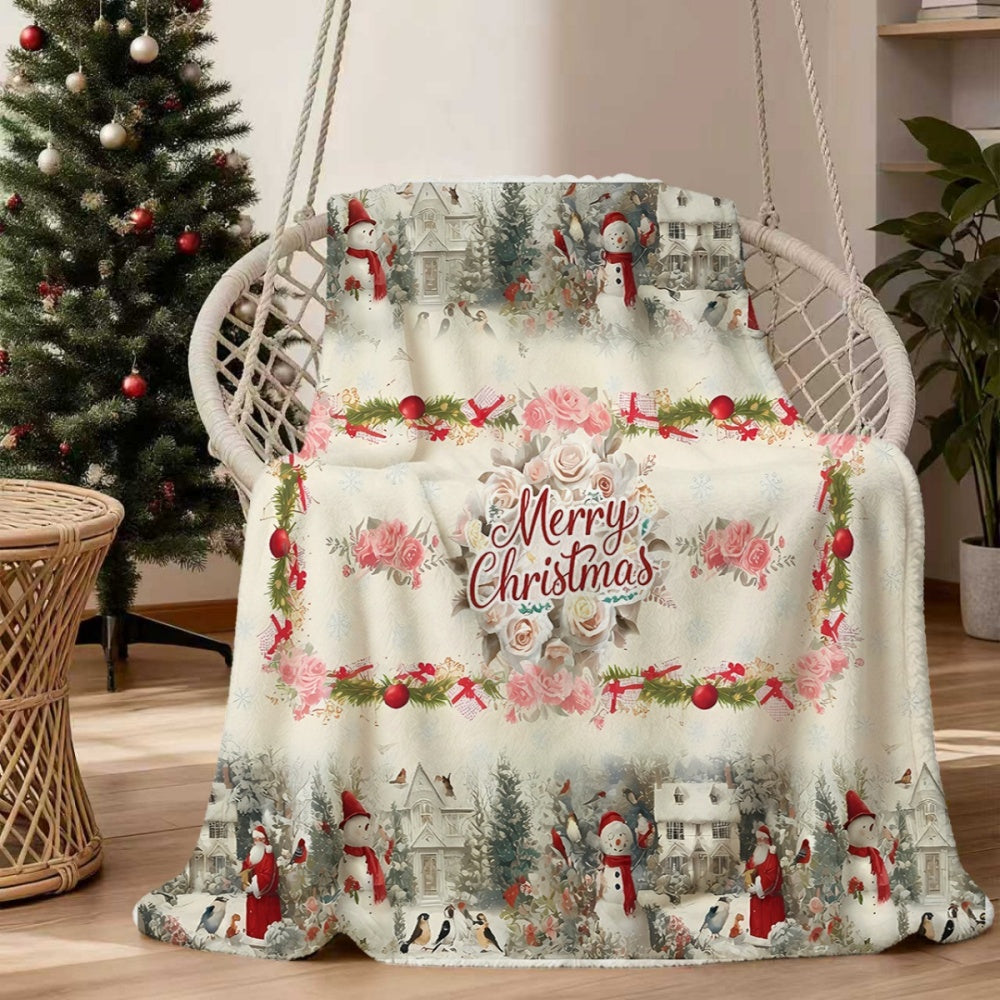 1pc, 1pc Christmas Snowman And Floral Pattern Flannel Blanket, Soft Comfortable Warm, Cream And Pink Design, Durable Plush, All-Season Sofa Blanket, Warm Cover, Multiple Sizes Available, Suitable for Living Room Sofa, Bedroom, Reading Corner