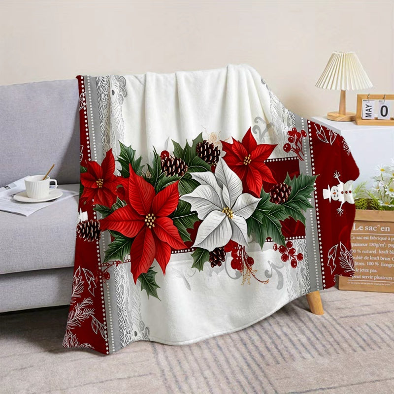 1pc 2D Flat Printing Christmas Floral Blanket, Soft Fleece Blanket - Red White Green Design, Multi-Size Available, Suitable for Living Room, Bedroom, Sofa, And Holiday Decor