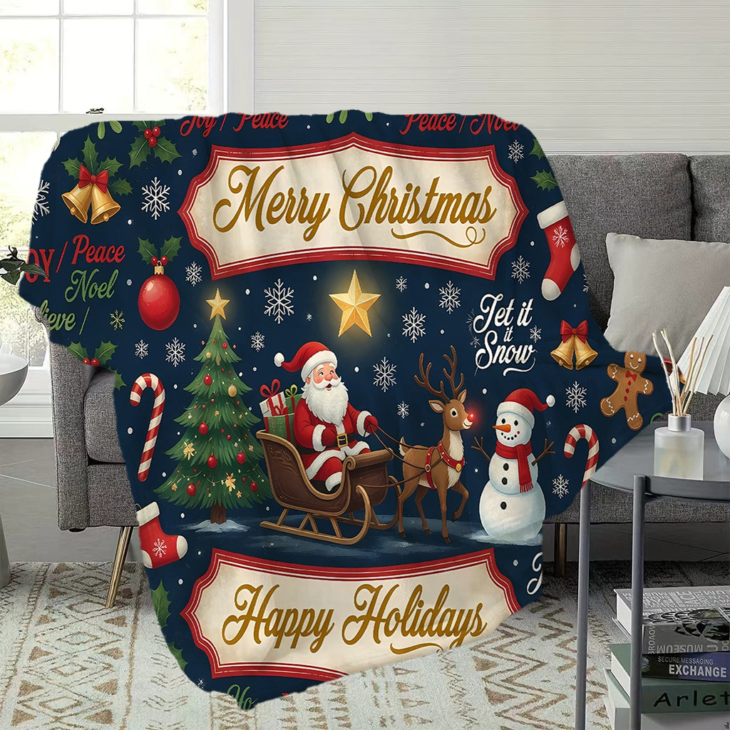 1pc, Santa Claus Sleigh and Reindeer Themed Dark Blue Flannel Blanket, Soft, Comfortable, and Warm, Festive Design, Durable Plush Surface, All-Season Universal Sofa Blanket, Warm Throw Blanket, Multiple Sizes Available, Suitable for Living Room