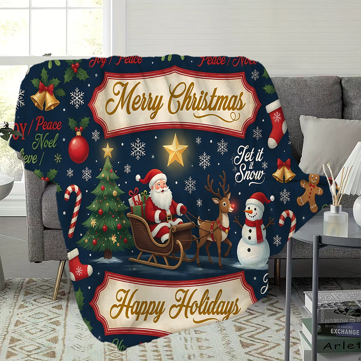 1pc, Santa Claus Sleigh and Reindeer Themed Dark Blue Flannel Blanket, Soft, Comfortable, and Warm, Festive Design, Durable Plush Surface, All-Season Universal Sofa Blanket, Warm Throw Blanket, Multiple Sizes Available, Suitable for Living Room
