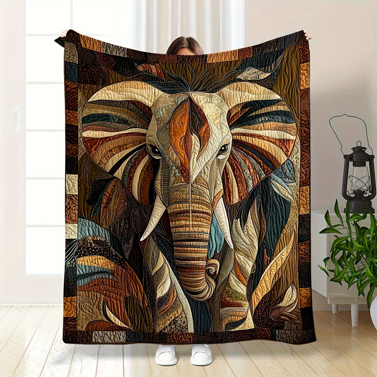 1pc Heavyweight Anti-Allergy Elephant Blanket - Soft Odorless Flannel Suitable for All Seasons, Modern Bohemian Room Decor with Elephant Head Design (Brown/Beige/Black/Orange/Blue-Green/White/Grey/Red) - Elephant-Themed Gift