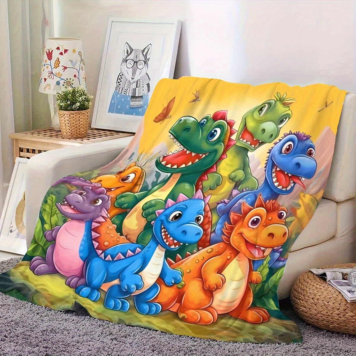 Dinosaur Cartoon Print Flannel Blanket | Hypoallergenic & Machine Washable, 280gsm All-Season Soft Cozy Throw with Vibrant Dinosaur Design (T-Rex, Velociraptor, Stegosaurus) for Bed, Sofa, Living Room - Contemporary Bedding & Room Decor, Adults