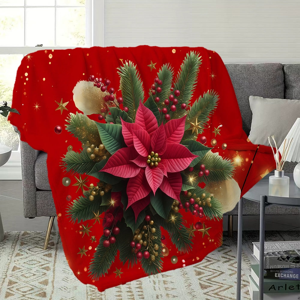 1pc Christmas Floral-themed Red Flannel Blanket, Soft, Comfortable, and Warm, with a Festive Design. A Versatile All-season Throw or Warm Cover Blanket, Available in Multiple Sizes. Suitable for Living Room Sofas, Bedroom, Leisure Reading