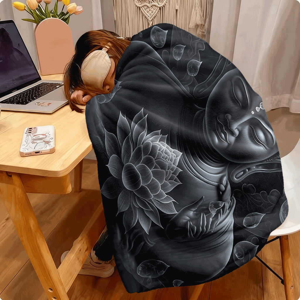 1pc Lotus Pattern Flannel Blanket Dark Grey Meditative Head with Sacred Lotus & Decorative Drops, Cozy Flannel Throw for Sofabed, Serene Zen Inspired Home Decor, All-Season Warmth