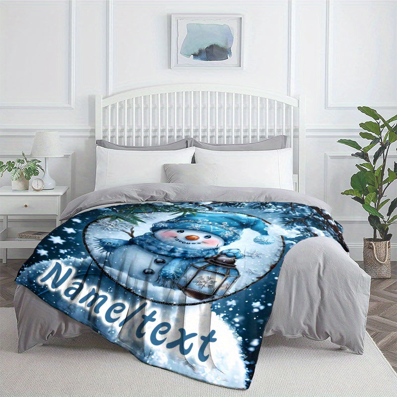 1pc Snowman And Lantern Blue Theme Flannel Oversized Blanket, Winter Holiday Decor Design, Large Plush Throw, Suitable for Festive Home Decoration, Balcony Leisure, Reading Time