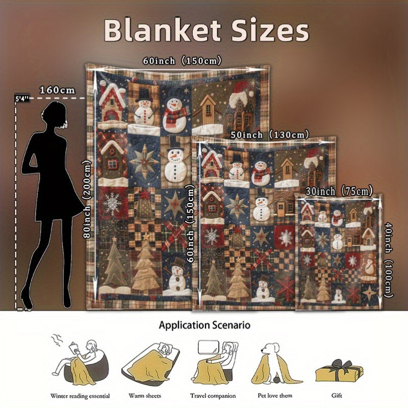 1pc Retro Patchwork Cute Christmas Snowman Flannel Blanket, Ultra-Soft, Comfortable, And Warm, Holiday Decoration for Home Blanket, Winter Must-Have Blanket, Suitable for Home, Office, Car, Sofa, And Multiple Scenarios