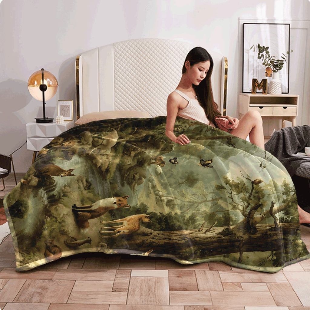 1pc Enchanted Forest Flannel Blanket with Fox Deer Butterfly & Wildlife Cozy Soft Nature Scene Print for Sofa All-Season Warm Plush Flannel Throw