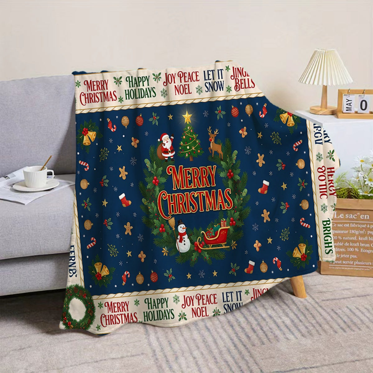 1pc Christmas-themed Blue Flannel Blanket, Soft, Comfortable, and Warm, with a Festive Decorative Style Design, Durable Plush Surface, All-season Universal Sofa Throw, Warm Cover Blanket, Multiple Sizes Available, Suitable for Living Room Sofas