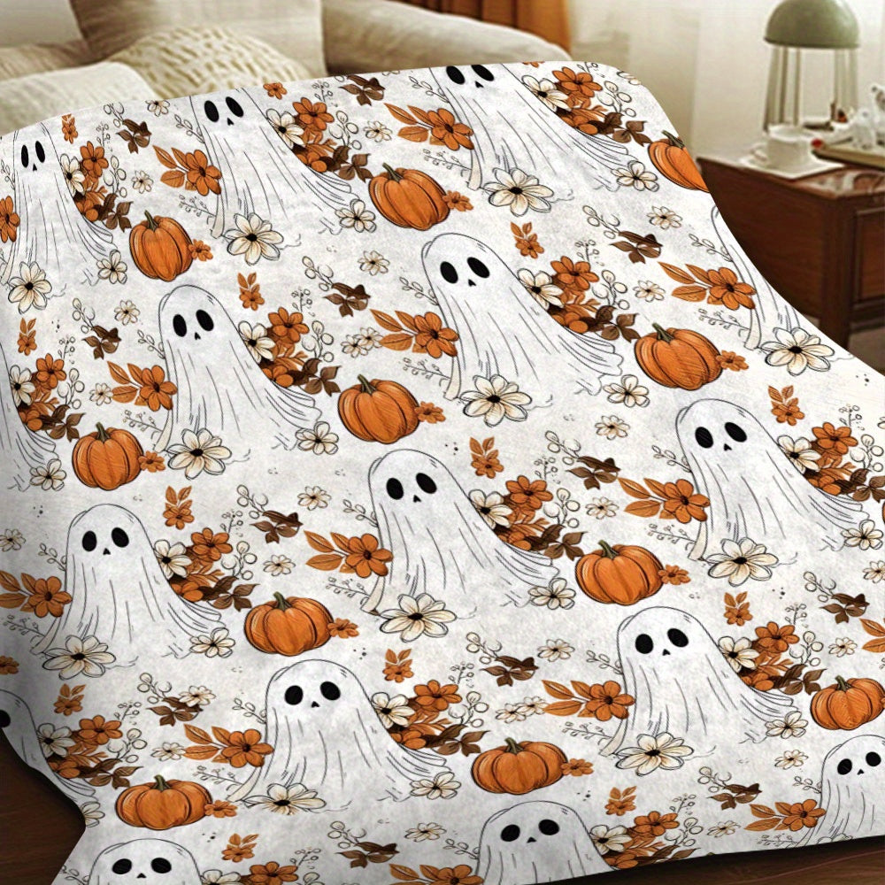 1pc Halloween Pumpkin Ghost Print Blanket, Autumn Theme Throw, Ultra-Warm Soft Comfortable Fleece Blanket, Multi-Size Available, Suitable for Bedroom, Living Room, Sofa, Balcony