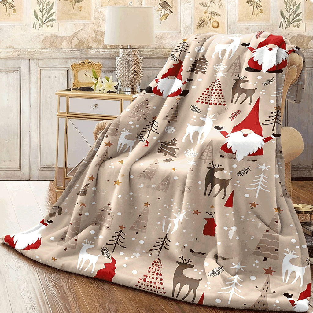 1pc Festive Christmas Gnome & Reindeer Flannel Blanket Beige Winter Themed Throw with Snowflakes Trees Stars Cozy Soft Warm Fabric for Sofa Holiday Decor