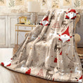 1pc Festive Christmas Gnome & Reindeer Flannel Blanket Beige Winter Themed Throw with Snowflakes Trees Stars Cozy Soft Warm Fabric for Sofa Holiday Decor