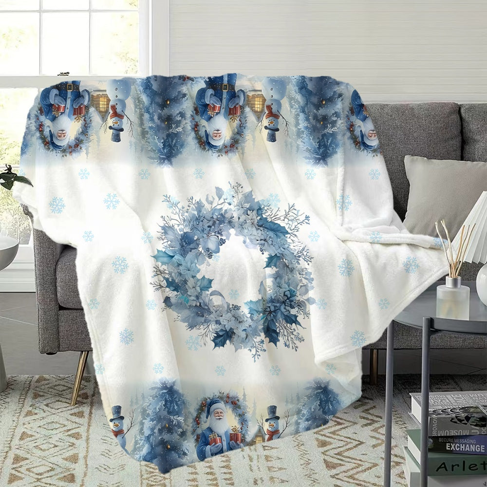 1pc Santa Claus And Snowman Blue Wreath Pattern Flannel Blanket, Soft Comfortable Warm, Blue And White Design, All-Season Blanket, Warm Cover, Multiple Sizes Available, Suitable for Living Room Sofa, Bedroom, Office Rest, Holiday Decor