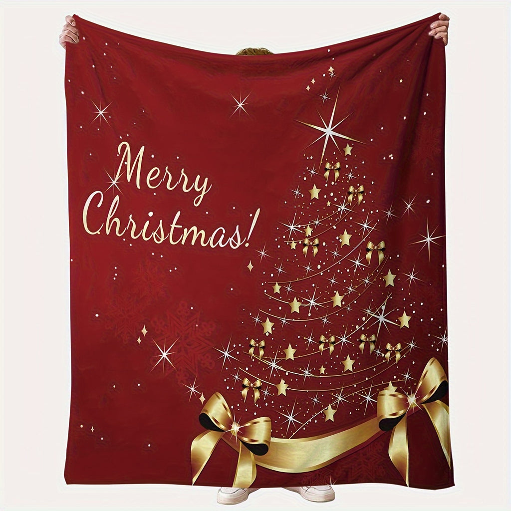 Christmas Tree and Golden Star Print Flannel Blanket, Red Shawl - Suitable for Sofa, Bed, Office, Travel, Camping - Soft, Warm, and Comfortable for All Seasons