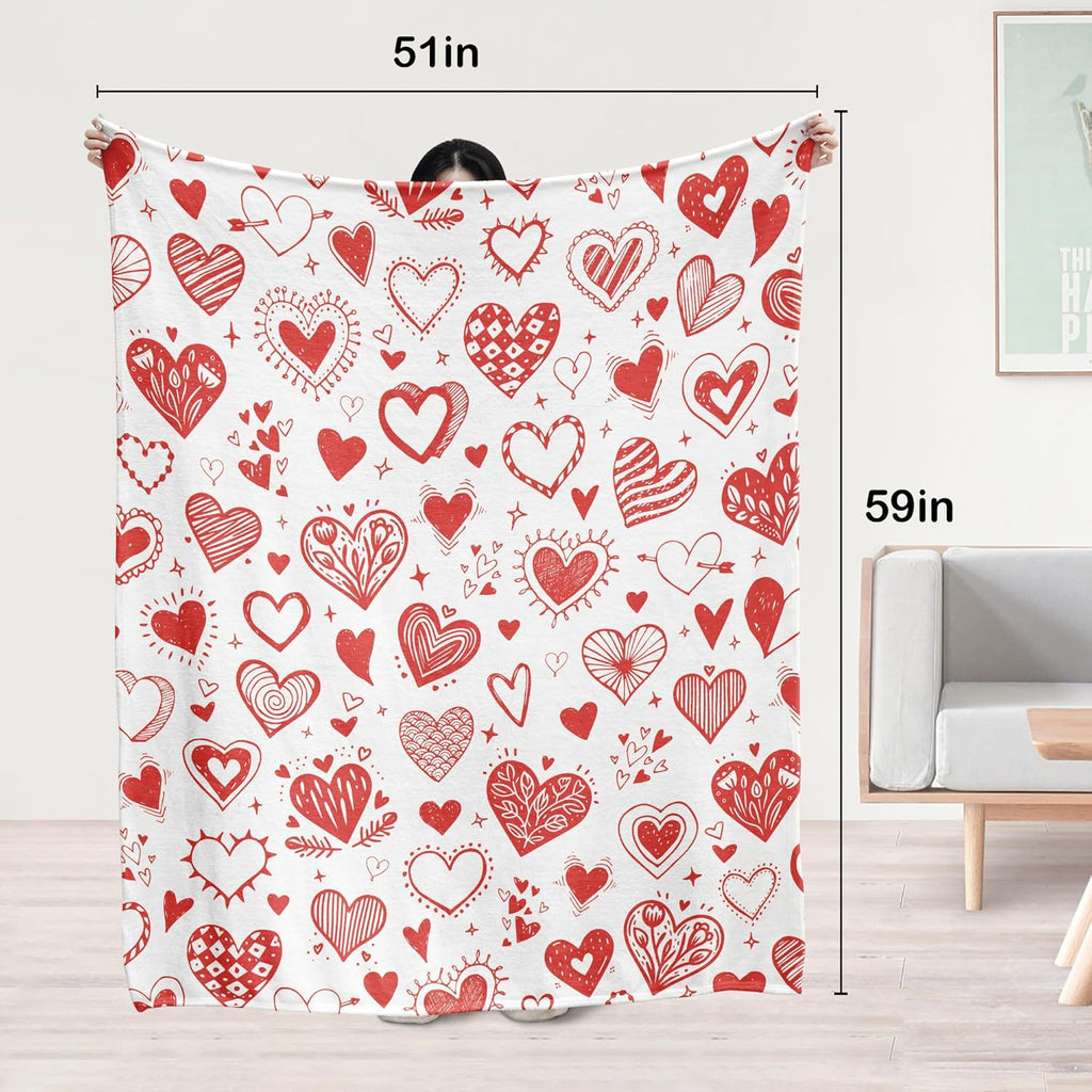 Glawry Valentine's Day Throw Blanket for, 50x60 Inch, Red and White Hearts Romantic Romance Holiday Cute Modern Graffiti for Lovers Couples Soft Cozy Flannel Blankets for Sofa Couch Chair