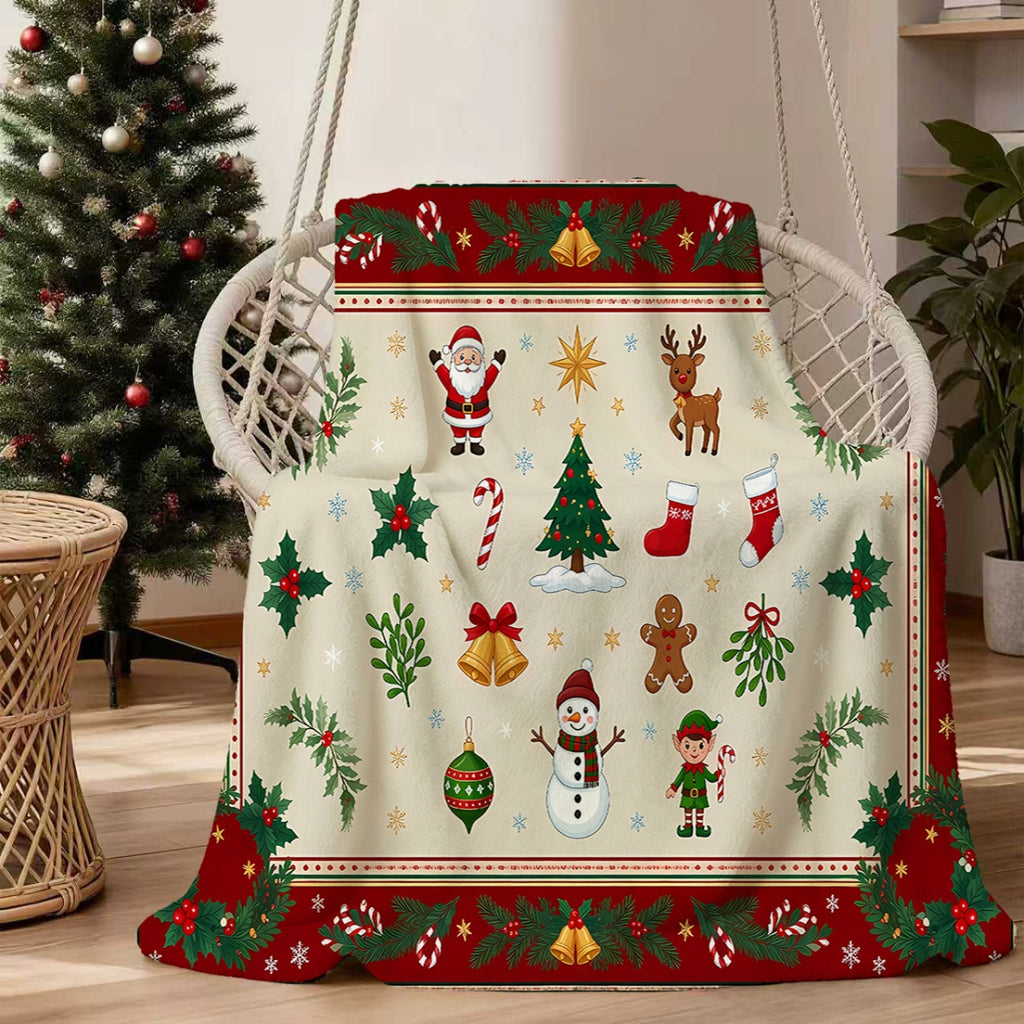 1pc, Santa Claus and Reindeer Pattern Red-Themed Flannel Blanket, Soft, Comfortable, and Warm, Beige Base with Red Border Design, Durable Plush Surface, All-Season Universal Sofa Blanket, Warm Cover Blanket, Multiple Sizes Available