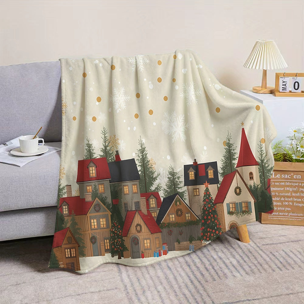 1pc Christmas Snowy Cottage Flannel Blanket, Soft Comfortable Warm, Beige And Golden Design, All-Season Sofa Blanket, Warm Cover, Multiple Sizes Available, Suitable for Living Room Sofa, Bedroom, Reading Corner, Leisure Time, And Holiday Decor