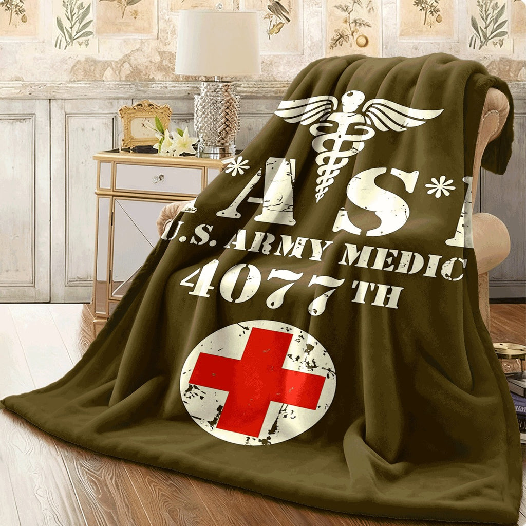 1pc Vintage MASH US Army Medical 4077 Design Flannel Blanket with Caduceus And Red Cross Patterns