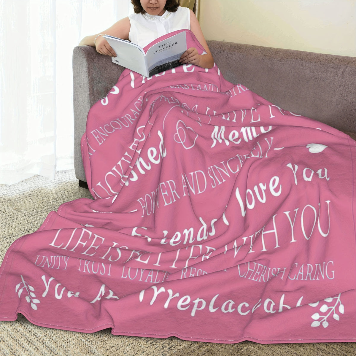 1pc Best Friend Text Pattern Throw Blanket, Birthday Gifts for Women, Unique Female Friendship Gifts for Bestie, Throw Blanket for Bed Sofa Couch, 50*60in