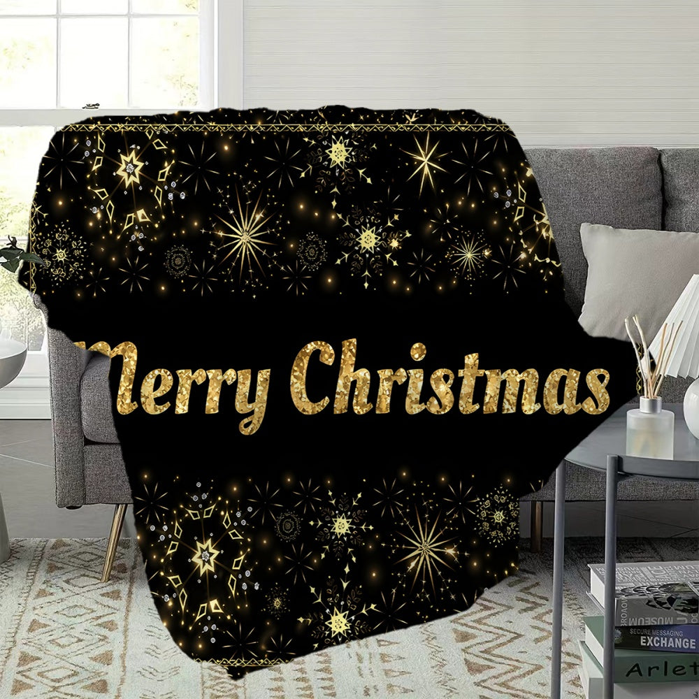1pc Christmas Golden Fireworks And Snowflakes Pattern Merry Christmas Design Black Flannel Blanket, Soft Comfortable Warm, All-Season Blanket, Warm Cover, Suitable for Living Room Sofa, Bedroom, Casual Reading, Holiday Decor